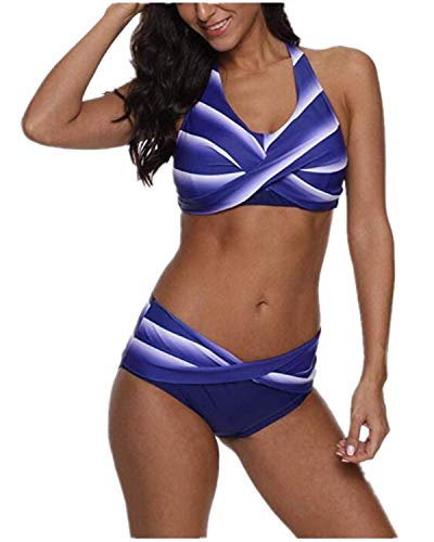 sullcom Womens Two Piece Floral Swimsuits Color Block Halter Bikini Striped Padded Bathing Suits(2132 S)