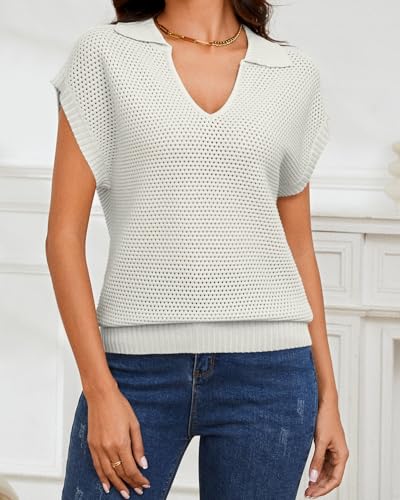 Image of Womens Summer Cap Sleeve Sweater,Polo V Neck Crochet Hollow Out Sleeveless Oversized Tops 2024