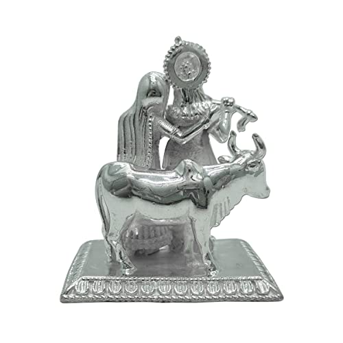 Image of MAA SILVER Pure Silver Radha Krishna BIS Hallmarked Solid Idol /Murti Playing Flute with Cow & Rectangle Base Perfect for Gifting & Pooja Use (925 Purity)(230 Grams Silver)