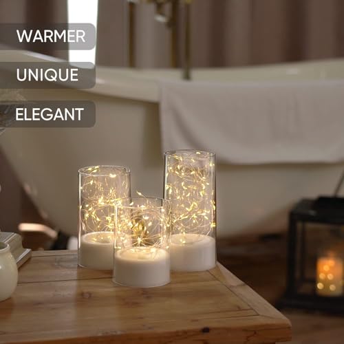 Image of LED Flameless Candles with Warm White Fairy Lights in Glass Cylinder, Battery Operated, Realistic Flickering Effect, Decorative Lights for Bedroom, Living Room, Wedding & Home Decor (Set of 3)