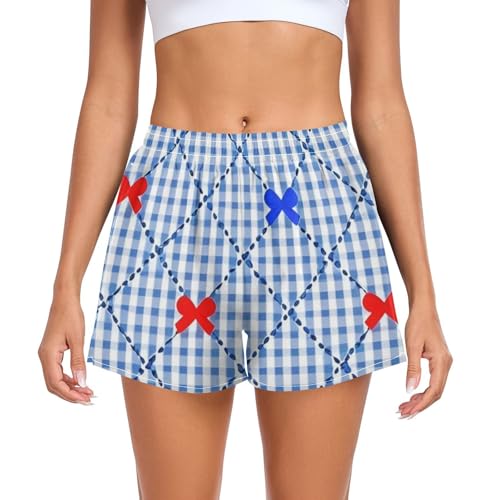 EtherSpher Red and Blue Bow Check Womens Athletic Shorts Ouick Dry Teens Beach Shorts for Gym Lounge Beach Home Outdoor ropa para correr Mujer L