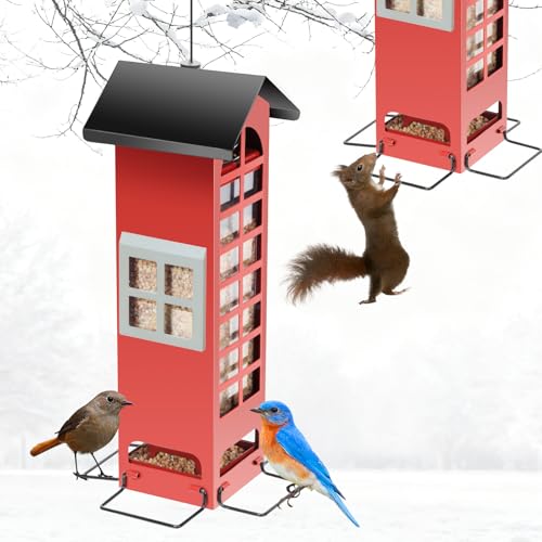 Bird Feeders Squirrel Proof for Outdoors Hanging - Weight Activated Metal Wild Bird Feeders Tube Birdhouse Seed Feeder with 4 Feeding Ports,2.5LB Capacity for Cardinal,Sparrow,Finch,Chickadee