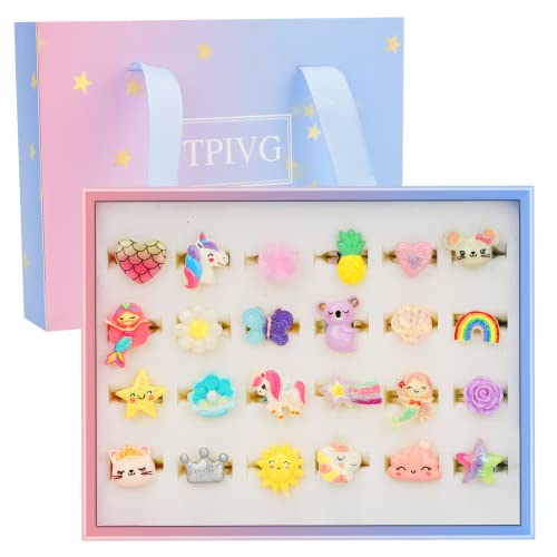 Girl Rings, Adjustable Jewelry Rings Set And Play Dress Up Rings For Kids And Little Girls, Unicorn/Mermaid/Flower Rings 24 Pcs #TOP1