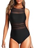 Holipick Women Black High Neck One Piece Mesh Swimsuits Full Coverage Bathing Suits Slimming Swimwear S