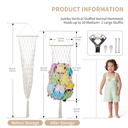 شبكة تخزين حيوانات محشوة، مكرامية جامبو مقاس 1.7 م، زاوية أرجوحة حيوانات محشوة عمودية معلقة على الحائط والسقف، حامل أرجوحة قطيفة للأطفال الأولاد والبنات، ديكور بوهو لغرفة الأطفال (بيج)