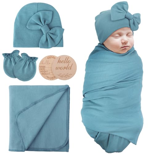 Image of AQOKKA Newborn Receiving Blanket with Bow Hat Mittens Wooden Card Set Newborns Toddler Baby Boy Girl Nursery Swaddle Wrap