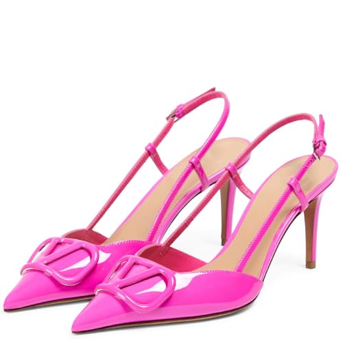 Image of BlingQueen Women Heeled Slingback Sandals Closed Pointed Toe Stiletto High Heels Patent Leather Pumps Slip-On Backless Evening Prom Party Dress Shoes