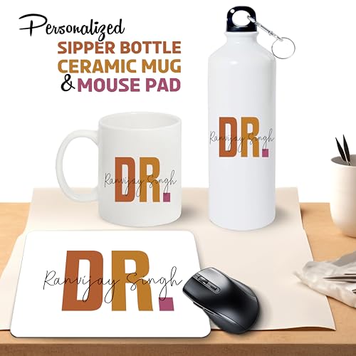 Image of SAVRI Custom Name Doctor Gift Set - Printed Bottle, Mug & Mouse Pad with Doctor-Themed Design. Best Gifts for Doctors,Nurses, Medical Professionals,Students for Birthdays or Appreciation