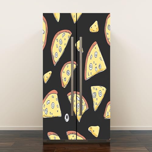 Self Adhesive Vinyl Refrigerator Wrap Set Seamless Pizza Pattern Black White Pizza Doodle Pizza Fast Food Door Mural Removable Fridge Sticker Peel and Stick Decal Rustic Kitchen Decor