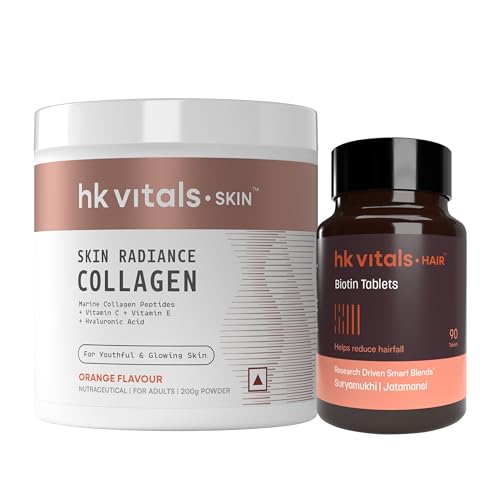 Image of hk vitals Skin Radiance Marine Collagen Supplement (Orange, 200g) & Biotin 10000mcg (90 Tablets) Combo Pack | Supplement for Hair Growth