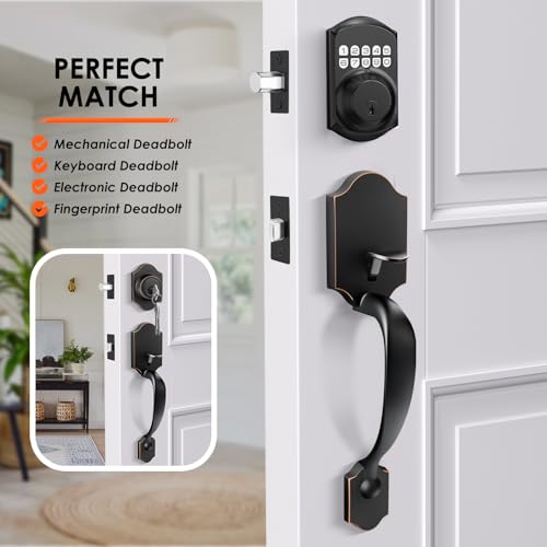 Image of Haidms Front Door Handle Oil-Rubbed Bronze, Entry Door Lock and Reversible Handle Lever,Single Cylinder Door Handle Set with Lower Half Lever for Left and Right Hand Door