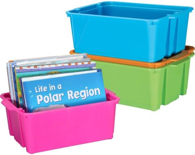 Really Good Stuff Neon Stackable Storage Baskets, Classroom Organizing Bins, Premium Plastic Organizing Book, Art, Cubby & Supply Keepers, Bright Book Holders, Neatly Organize School & Home, 4 pk