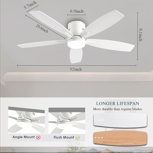 Image of Ayaoty Ceiling Fans with Lights, 52 inch Low Profile Indoor Ceiling Fan with Light and Remote Control, Dimmable, Noiseless, Reversible, White Ceiling Fan for Bedroom, Indoor /Outdoor Use