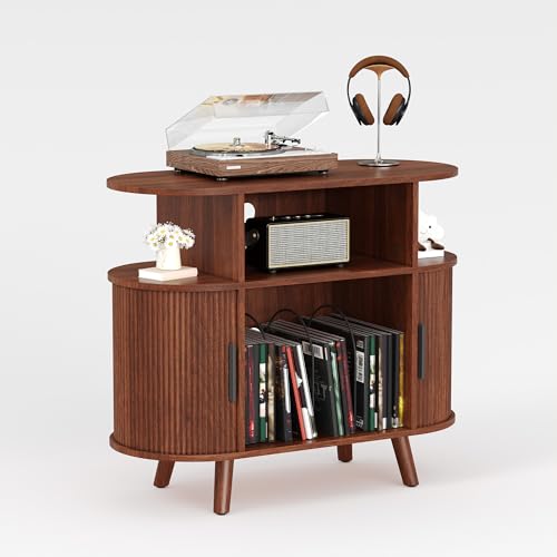 35'' Fluted Mid Century Modern Turntable Cabinet, Large Round Record Player Stand with Charging Station and Display Shelf, Arched Wood Record Player Table for Living Room Walnut Wood Color 3