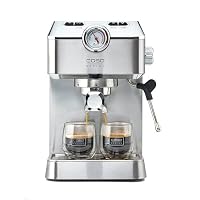 Caso Espresso Gourmet - Macchina portafiltro in acciaio inox, potente pompa Ulka da 19 bar, con montalatte, per caffè o cialde di caffè ESE, per 2 tazze, con piastra riscaldante