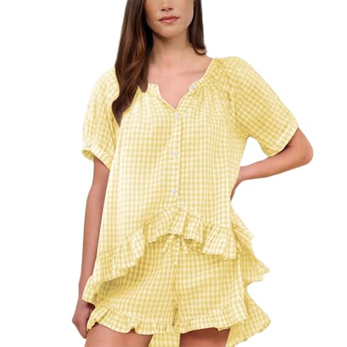 Pyjama femme été ensemble short à carreaux et haut manches à volants léger