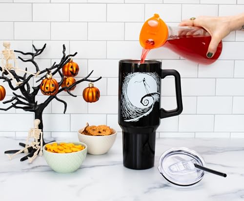 Image of Silver Buffalo Disney Nightmare Before Christmas by Tim Burton Jack Skellington Hill & Moon Drawing Double Walled Stainless Steel Tumbler with Handle and Straw, Fits in Standard Cup Holder, 40 Ounces