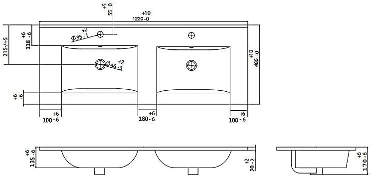Technical drawing of the MOTIAC integrated sink with dimensions