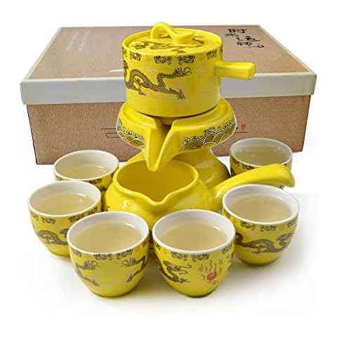Chinese Gongfu Tea Gift Set, Service Automatic Stone-Mill Design Handmade Ceramics Tea Pot 6 Cups Yellow Dragon Cover