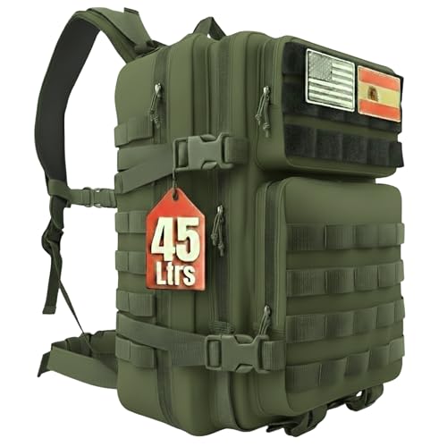 SPARTANFY | Mochila Crossfit Hombre 45L | Mochila Táctica Militar Impermeable para Gimnasio, Senderismo, Viaje, Montañismo | Mochila Grande Resistente con Sistema MOLLE (45L VERDE)