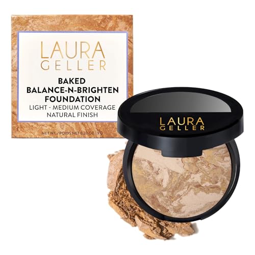 LAURA GELLER NEW YORK Award-Winning Baked Balance-n-Brighten Color Correcting Powder Foundation - Medium - Buildable Light to Medium Coverage - Demi-Matte Natural Finish