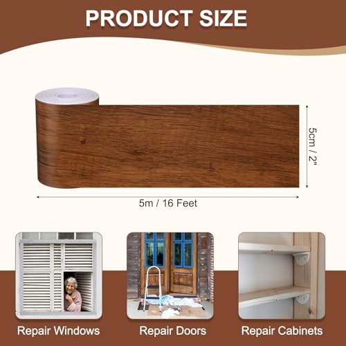Image of MECCANIXITY Wood Grain Repair Tape, 2 Inch x 16 Feet Self Adhesive Wood Grain Tape Multi-Purpose Wallpaper Border Trim for Furniture Floors Windows Doors Tables Home, Light Brown
