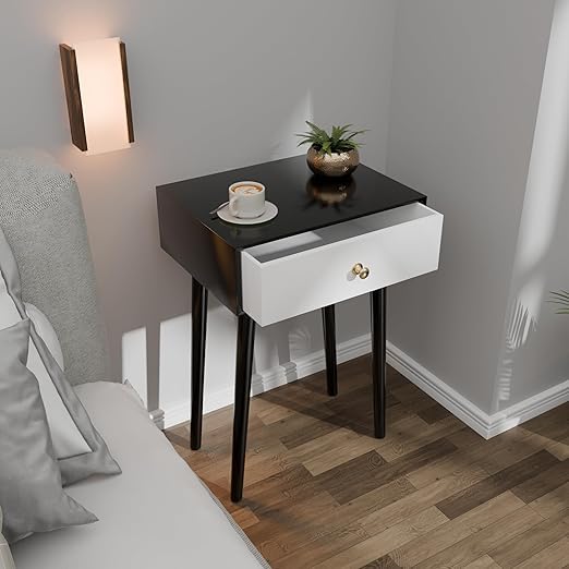 Image of End Table with Storage Rack Wooden Nightstand Bedside Table Storage Bookcase Nightstand Side End Table Living & Bed Rooms (Black White)