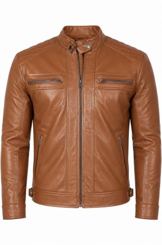 Image of Genuine Leather Men's cafe racer jacket Sheepskin Quilted Motorcycle Style Lambskin Leather Jacket Men