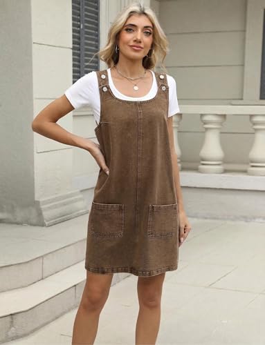 Image of Xaspee Denim Overall Dress for Women Casual Mini Sleeveless Jean Vintage Jumper Skirt Dress with Pockets