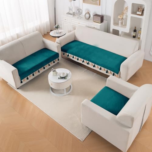 Image of HOKIPO 6 Seater Sofa Cover Mat with Tassel in 3+2+1 Configuration | Dyed Holland Velvet Fabric | 'TasselTone Series' | Teal (IN-1108+1106+1104-TL)