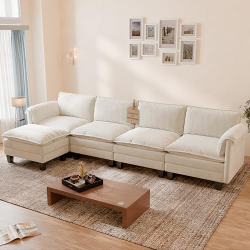 ELUCHANG Sofá Nube Modular 336cm con Puf, Sofá de Esquina de 4 Plazas en Forma de L, Sofá Seccional con Asiento Profundo 62cm, Montaje sin Herramientas, Chenilla, Beige