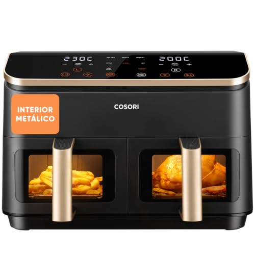 Cosori Freidora de Aire 8,5L, Doble Cesta con Ventana, 10 Funciones, Oro