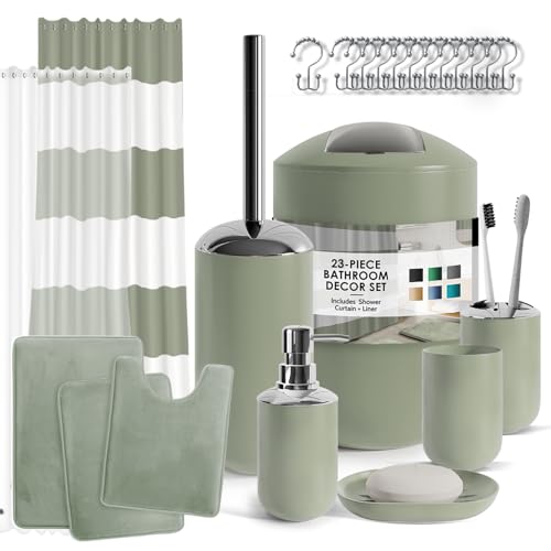 Clara Clark Bathroom Set - Sage Green Bathroom Accessories Set, Bathroom Sets with Shower Curtain and Rugs, 23PC Shower Curtain Set with Liner, Soap Dispenser, Soap Dish, and Toilet Brush Holder