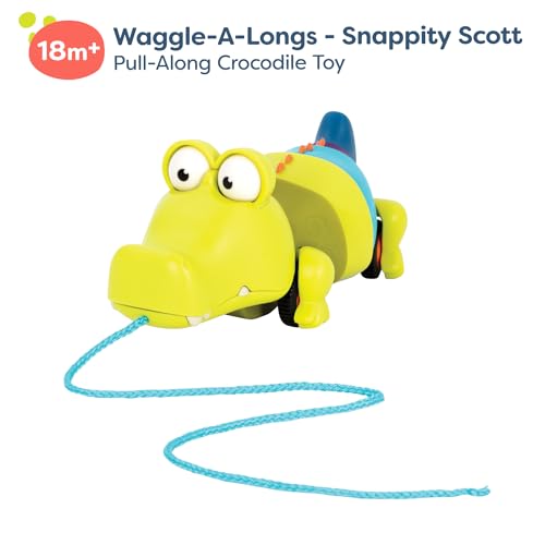 Image of B. toys Pull Along Toy, Waggle-A-Longs Snappity Scott Crocodile Toy | Push or pull crocodile walking toy with string; mouth opens, tail waggles, wheels roll; 1 piece; fully assembled; 18+ Months