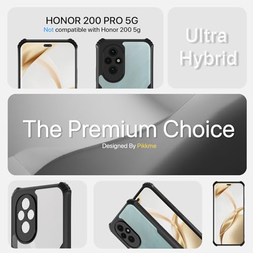 Image of Pikkme Crystal Clear Transparent Back Cover | Ultra Hyrbid | Full Camera Protection | Raised Edge | Bumper Case for Honor 200 Pro 5G (Black)