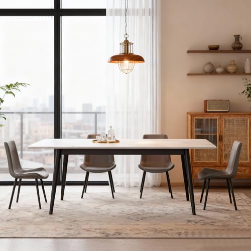 Hearthform Contemporary Sintered Stone Dining Table with White Marble Finish and Carbon Steel Legs - Space-Saving Design - Image 3