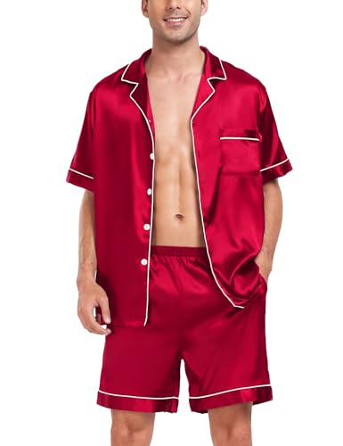 Image of SWOMOG Men Satin Silk Pajamas Sets Short Sleeve Sleepwear Button-Down PJs Sets Two-Pieces Loungewear with Pockets