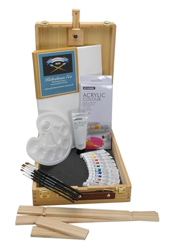 MALSET Luca - Maletín de madera de pino con caballete de mesa, pinturas acrílicas, pinceles, paleta y lienzo, juego completo para aficionados y profesionales