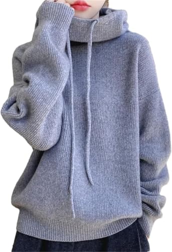 Sudadera con Capucha de Punto para Mujer Color sólido Suelto Cómodo Jersey de Manga Larga Suéter Primavera y otoño Moda cálida Suéter versátil (Gris,Talla única)