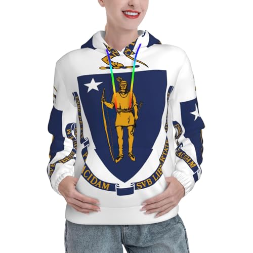 Sweat à capuche Massachusetts pour femme avec imprimé drapeau tendance et poche kangourou