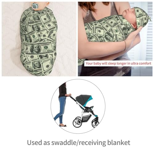 Image of Us Dollar Money Newborn Swaddle Blankets Hat Sets Soft Baby Receiving Blanket Swaddle Sack for Baby Shower Infant Boy Girl Gift