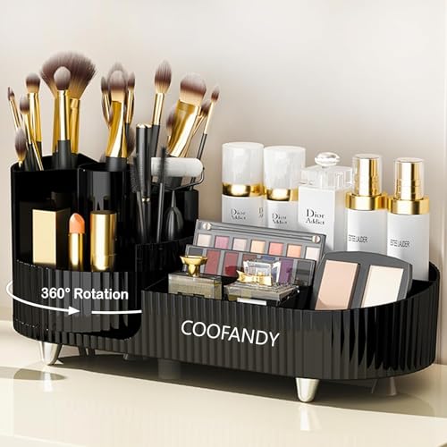 Image of COOFANDY Makeup Organizer for Vanity, 360 Rotating Countertop Makeup Organizer with Brush Holder, Large Capacity for Cosmetics, Skincare, Perfumes (BLACK)