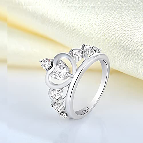 YL Princess Crown Diana Heart Ring for Women, Solid Sterling Silver 18K White Gold Plated Tiara Promise Created Birthstone Jewelry Gifts4