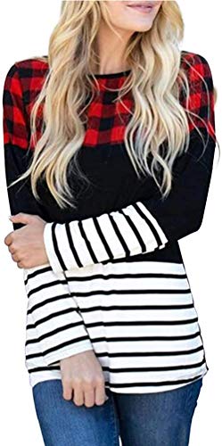 MK Shop Limited Women Buffalo Plaid Stripe Color Block Splicing T Shirts Long Sleeve Casual Round Neck Blouse Tops (1-Colorful, XXL)