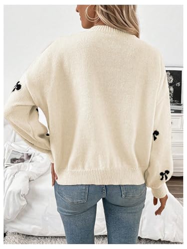 Image of BEAUDRM Women's Y2K Bow Print Sweater Crewneck Long Sleeve Drop Shoulder Knit Pullovers Sweaters Beige Large