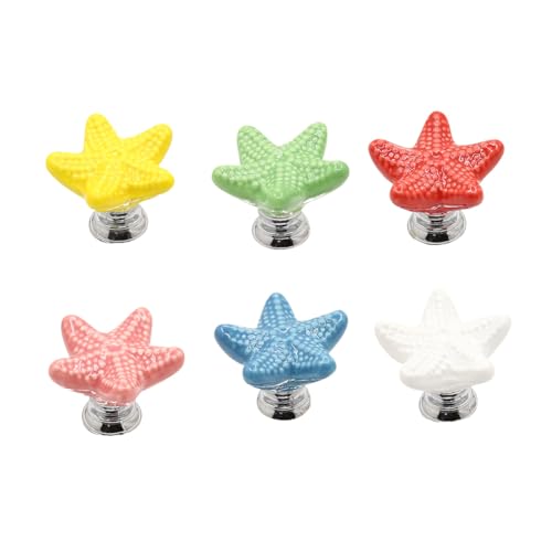 Image of 6colors, 1each Colorful Starfish Ceramic Cabinet Door Handle Wardrobe Drawer knob Dressing Tables Furniture Handle Pull (1, 6 Colors, 1 Each Including red White Yellow Green Blue Pink)