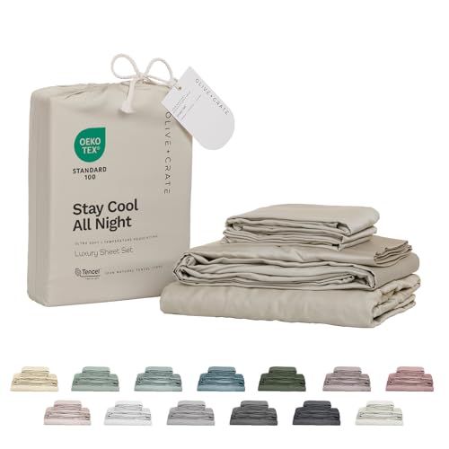 Image of Olive + Crate Tencel Lyocell Eucalyptus Sheets King Size - Cooling Tencel Sheets for Hot Sleepers with 18 Inch Deep Pocket Fit - Beige 4-Piece Set