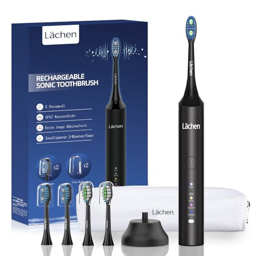 Lächen Elektrische Zahnbürste 5 Modi Elektrische Schallzahnbürste mit Reise-Etui 4 Aufsteckbürsten, 2 Minuten Timer,USB-Ladung für 60 Tage, IPX7 Wasserdicht Zahnbürste Schwarz (Black)