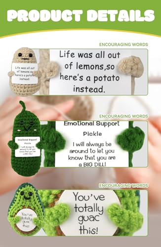 Funny Positive Crochet Potato Emotional Support Gag Gifts with Positive Card, Knitted Cute Dolls for Friends, Parties, Birthdays, Christmas(Potatoes Pickle Avocado)