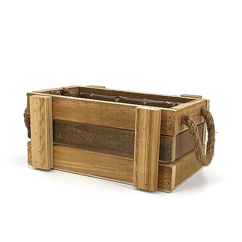 Fioriera Da Esterno Rettangolare In Legno Naturale Con Manici In Corda E Rivestimento In Plastica | Misure 26x15x10 cm | Ideale Come Fioriera Da Balcone, Portavaso O Coprivaso Per Piante Da Interno